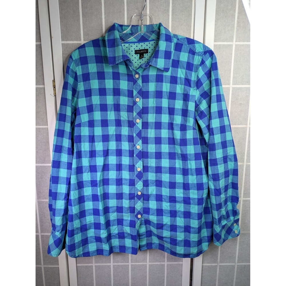 Talbots Women's Medium Long Sleeve Button Up Flannel 100% Cotton Gingham Shirt